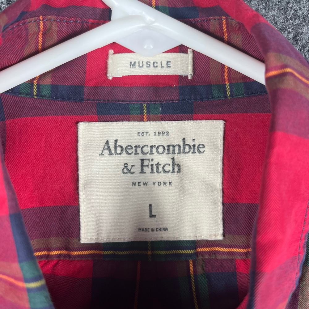 Abercrombie & Fitch Button Down Shirt Mens L Red Plaid Muscle Fit Long Sleeve - Picture 6 of 8